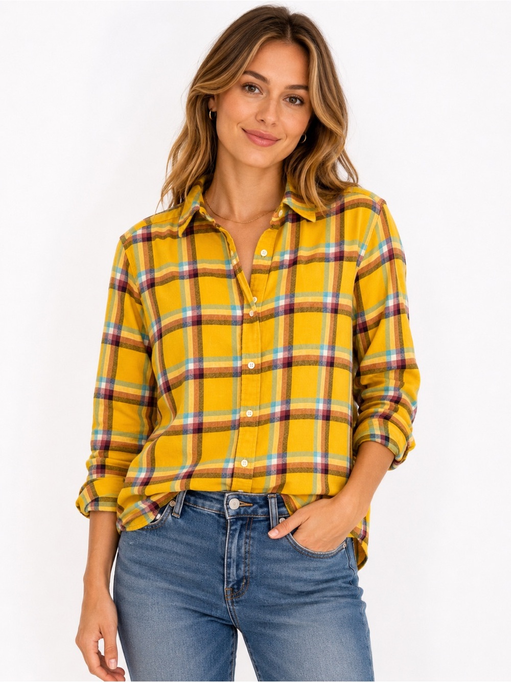 Gap Women’s Small Everyday Shirt Yellow Plaid 100% Cotton Long Sleeve Button Up